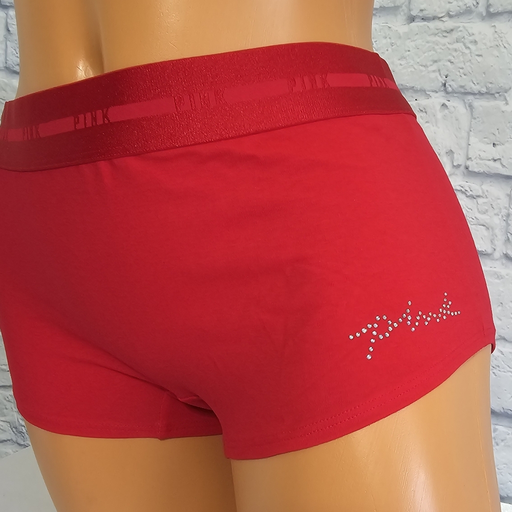 PINK Victoria's Secret Logo Rhinestone Bling Red Shortie Panties New Large